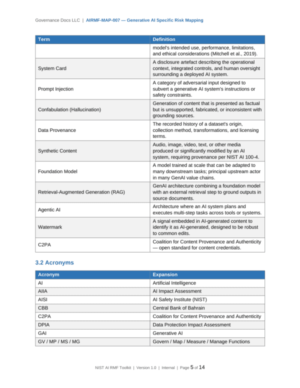 NIST AI RMF documentation toolkit — sample template page 19