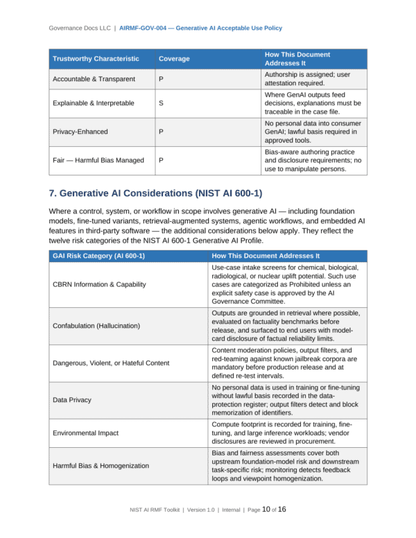 NIST AI RMF documentation toolkit — sample template page 2