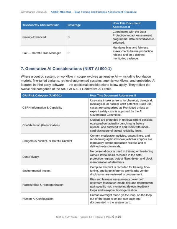NIST AI RMF documentation toolkit — sample template page 3