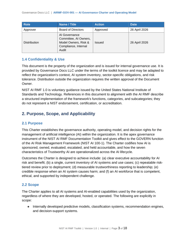 NIST AI RMF documentation toolkit — sample template page 5