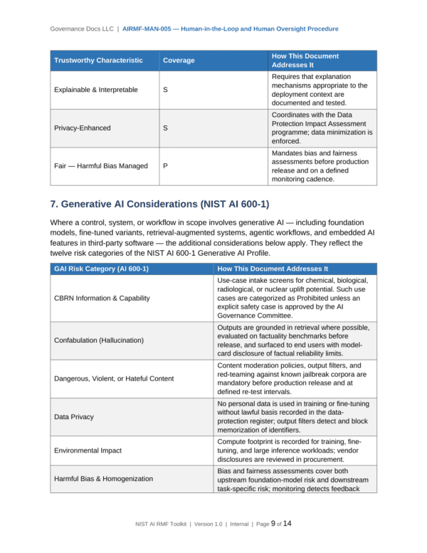 NIST AI RMF documentation toolkit — sample template page 7