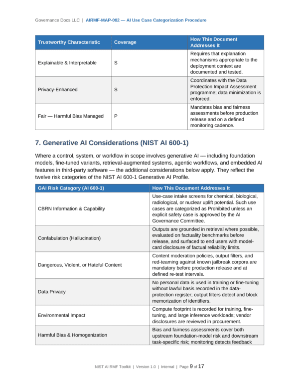 NIST AI RMF documentation toolkit — sample template page 8