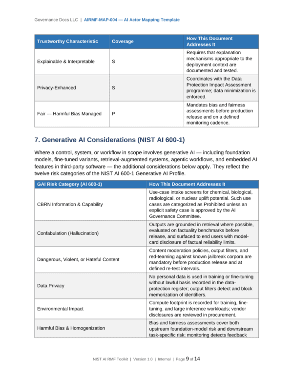 NIST AI RMF documentation toolkit — sample template page 9