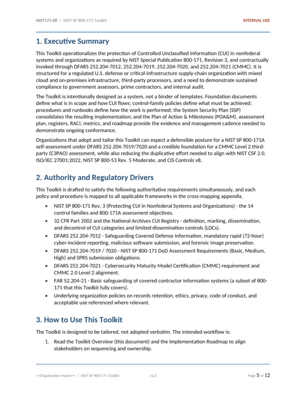NIST SP 800-171 documentation toolkit — sample template page 1