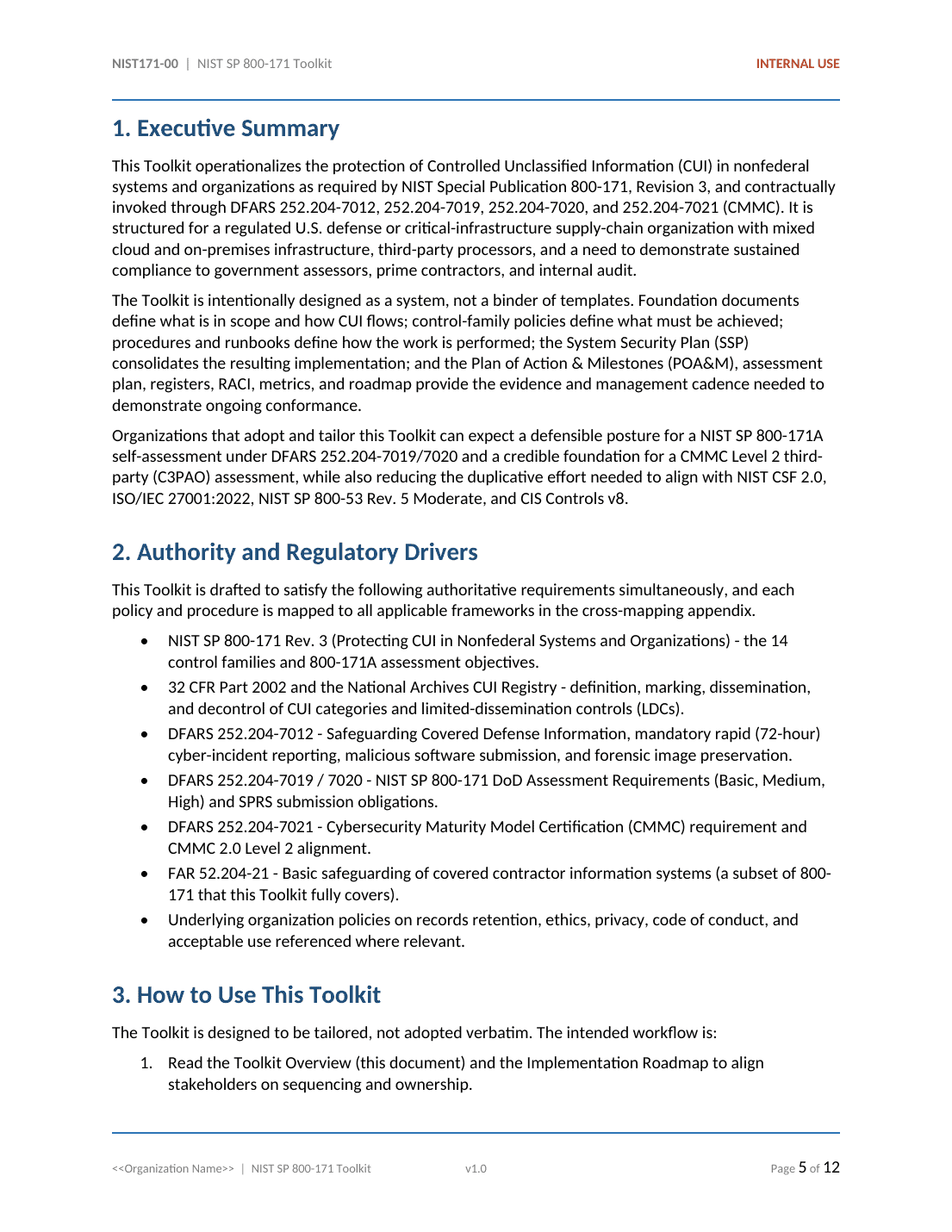 NIST SP 800-171 documentation toolkit — sample template page 1