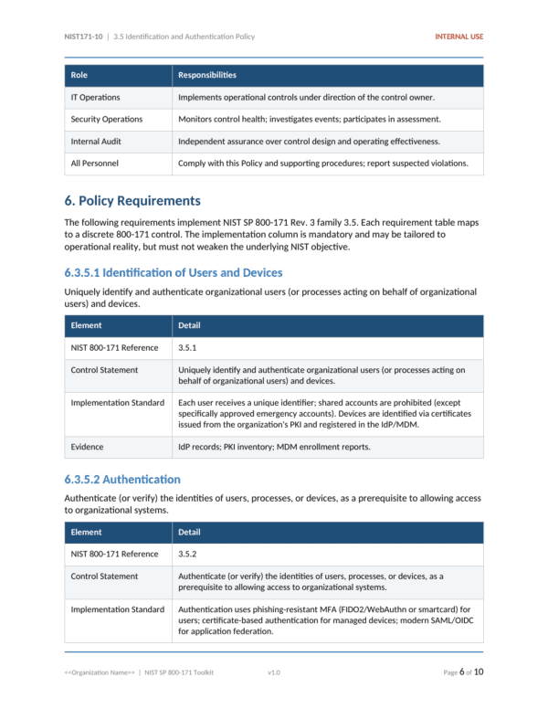 NIST SP 800-171 documentation toolkit — sample template page 10