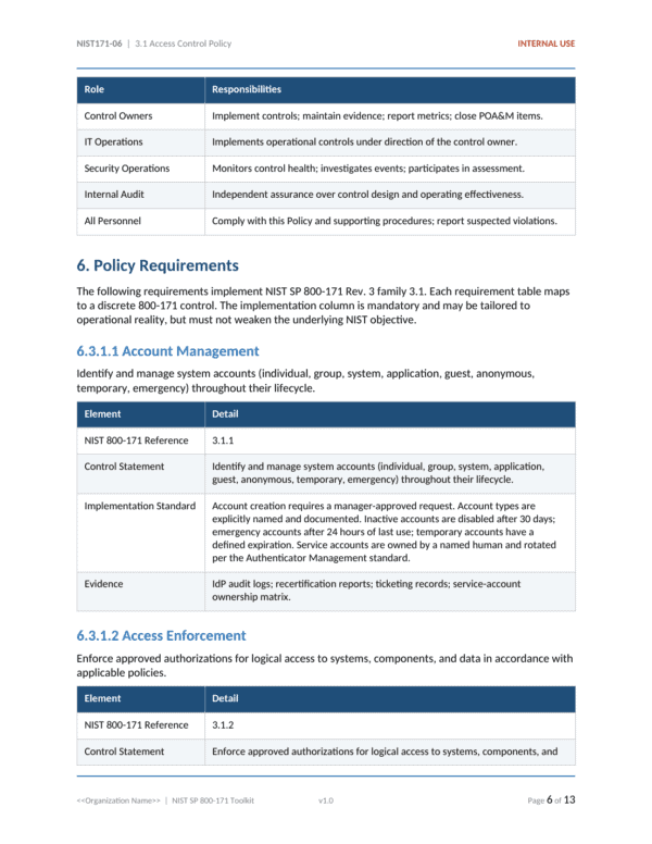 NIST SP 800-171 documentation toolkit — sample template page 11