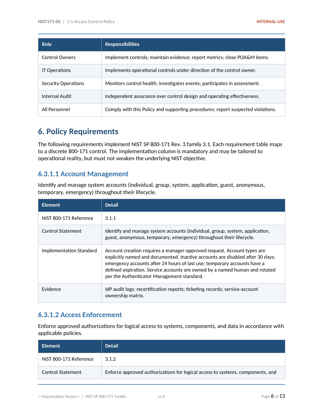 NIST SP 800-171 documentation toolkit — sample template page 11