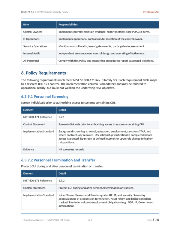 NIST SP 800-171 documentation toolkit — sample template page 14