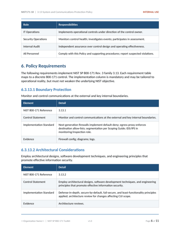 NIST SP 800-171 documentation toolkit — sample template page 15
