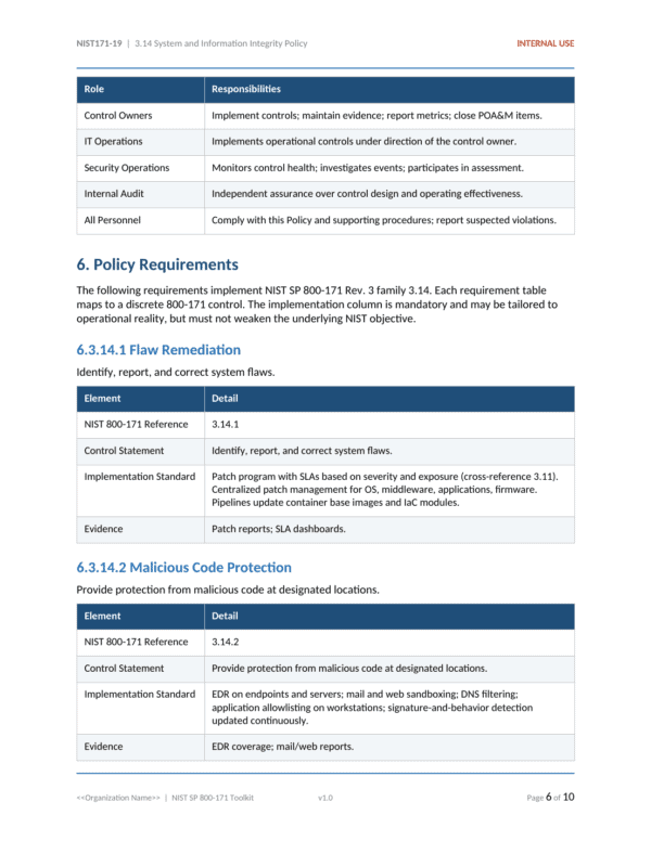 NIST SP 800-171 documentation toolkit — sample template page 16