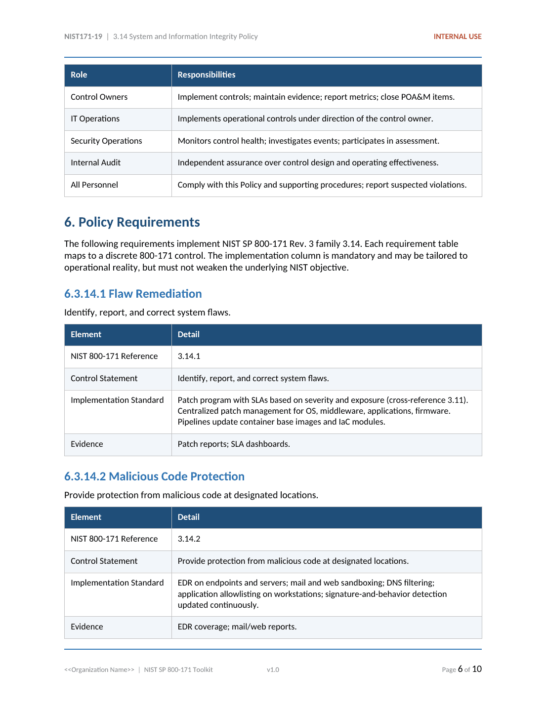 NIST SP 800-171 documentation toolkit — sample template page 16