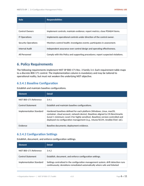 NIST SP 800-171 documentation toolkit — sample template page 17
