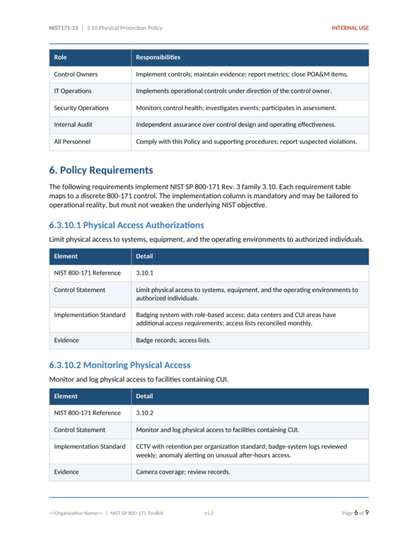 NIST SP 800-171 documentation toolkit — sample template page 18