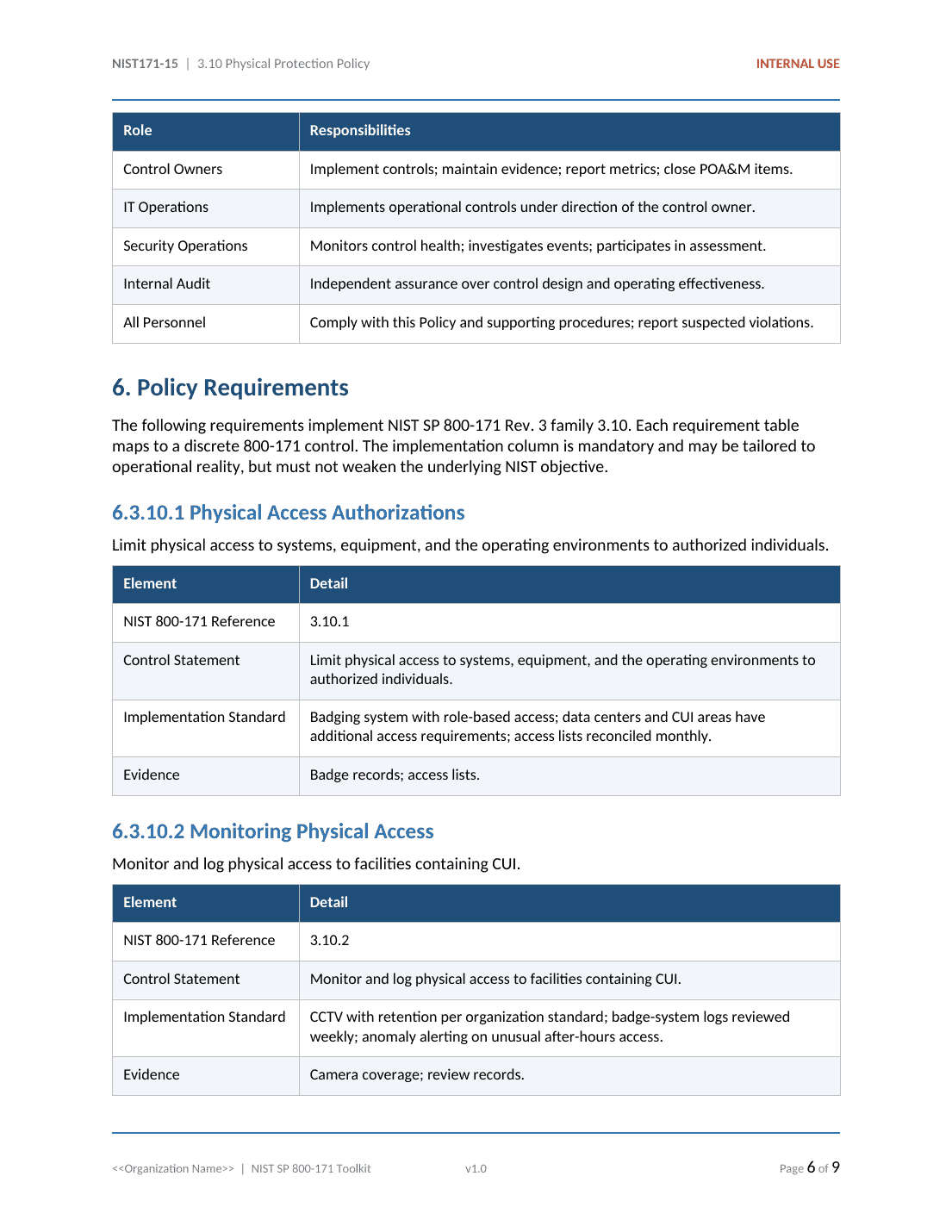 NIST SP 800-171 documentation toolkit — sample template page 18