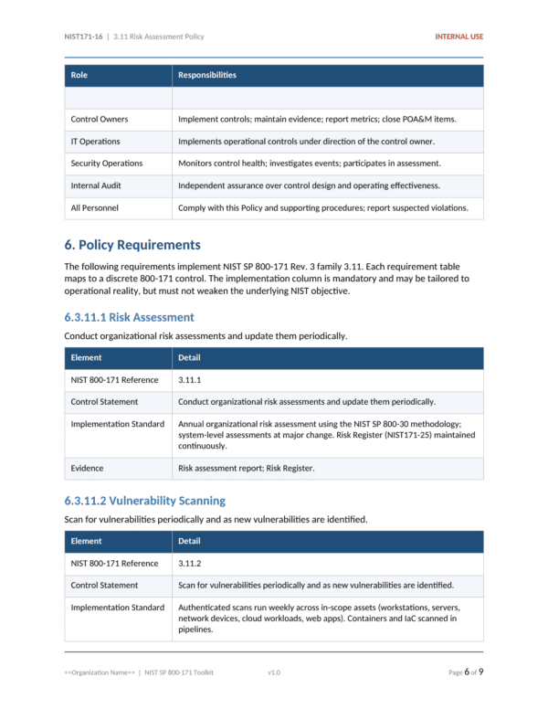 NIST SP 800-171 documentation toolkit — sample template page 19