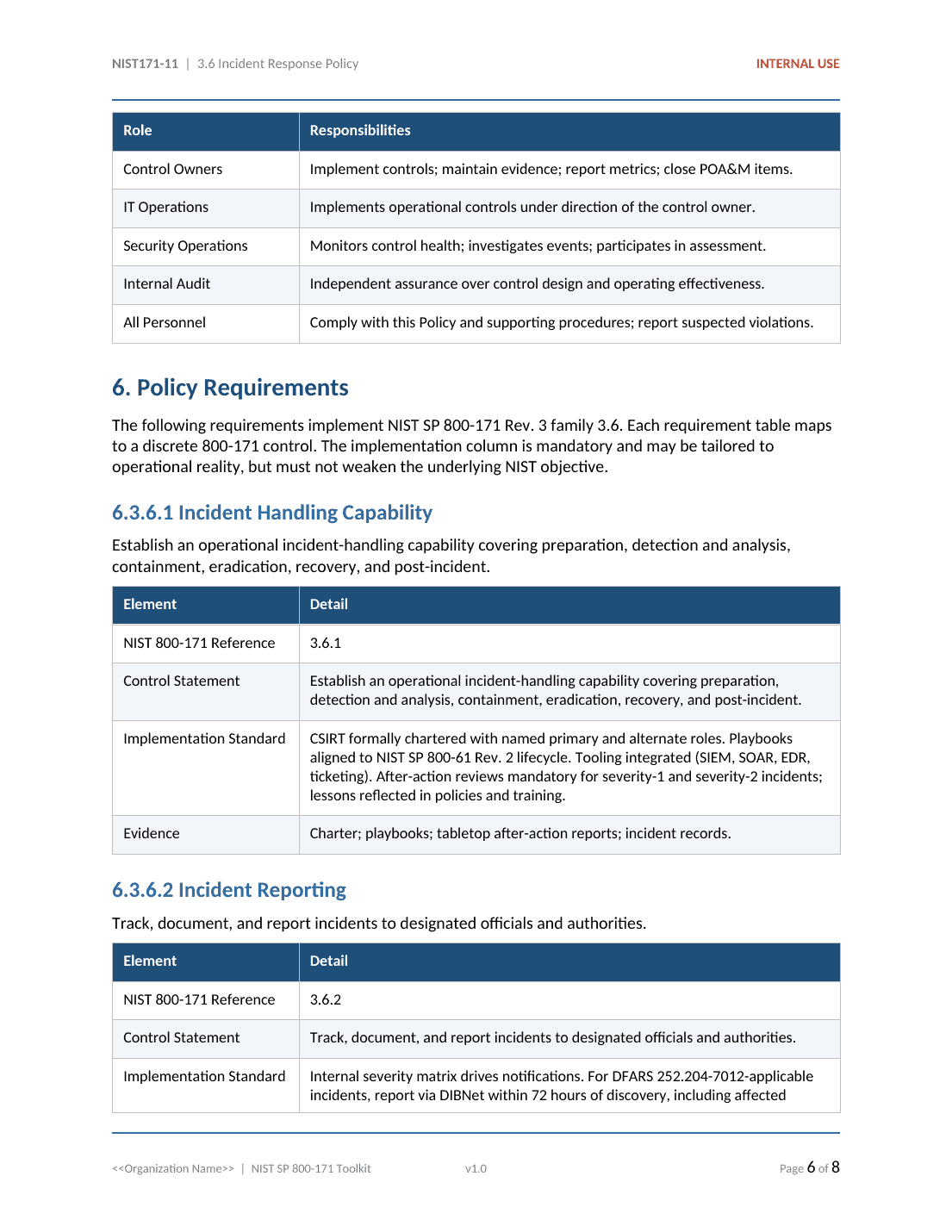 NIST SP 800-171 documentation toolkit — sample template page 8