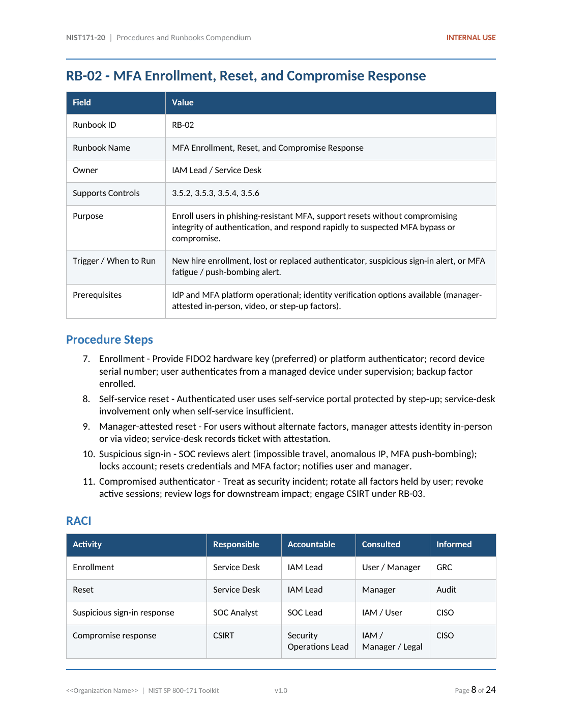 NIST SP 800-171 documentation toolkit — sample template page 9