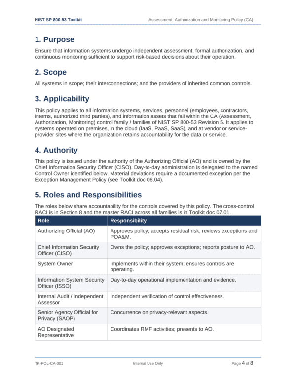 NIST SP 800-53 documentation toolkit — sample template page 10