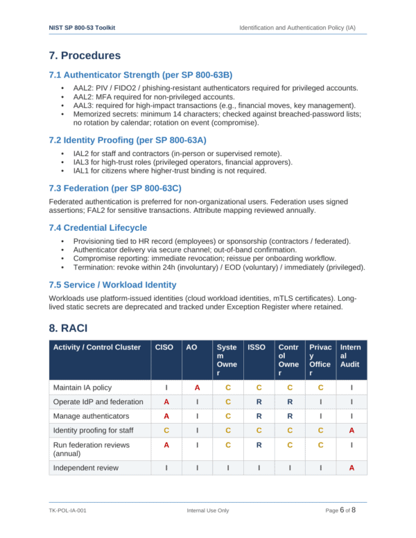 NIST SP 800-53 documentation toolkit — sample template page 18