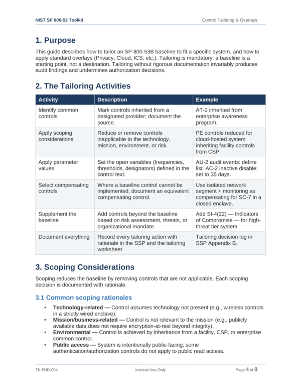 NIST SP 800-53 documentation toolkit — sample template page 2
