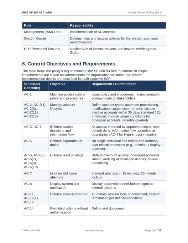 NIST SP 800-53 documentation toolkit — sample template page 5