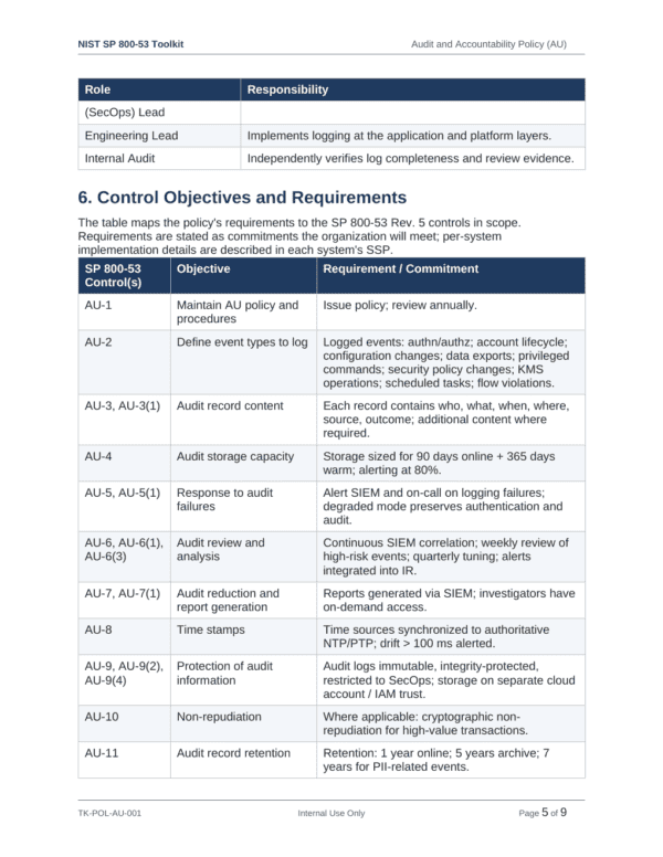 NIST SP 800-53 documentation toolkit — sample template page 6