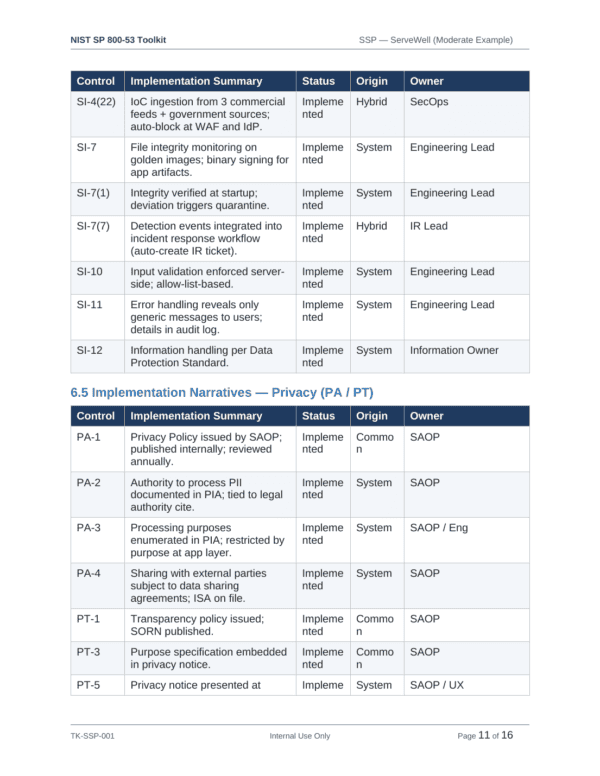 NIST SP 800-53 documentation toolkit — sample template page 7