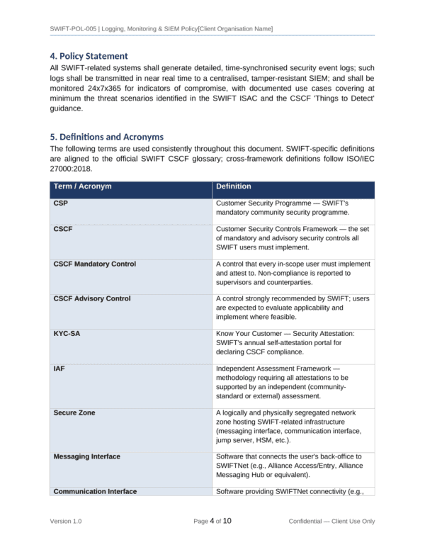 SWIFT CSP documentation toolkit — sample template page 4