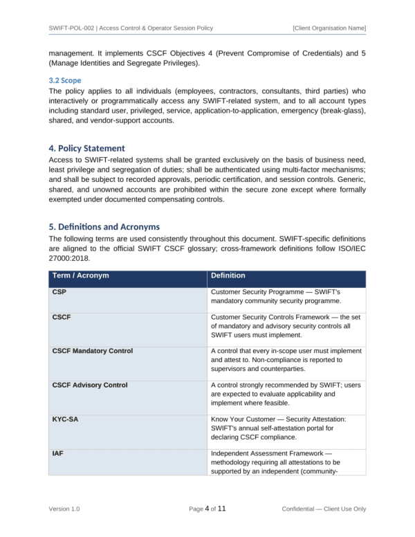 SWIFT CSP documentation toolkit — sample template page 5
