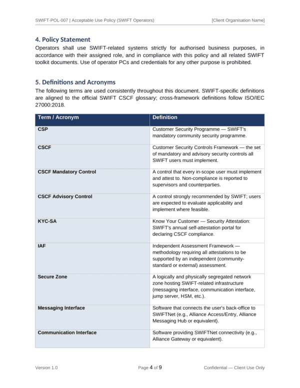 SWIFT CSP documentation toolkit — sample template page 9