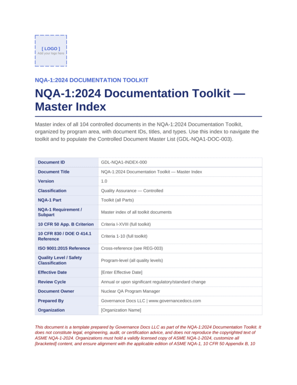 Cover page of NOAA-1:2024 Documentation Toolkit with master index and document details.