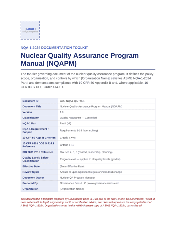 Nuclear Quality Assurance Program Manual cover page with title and document details.