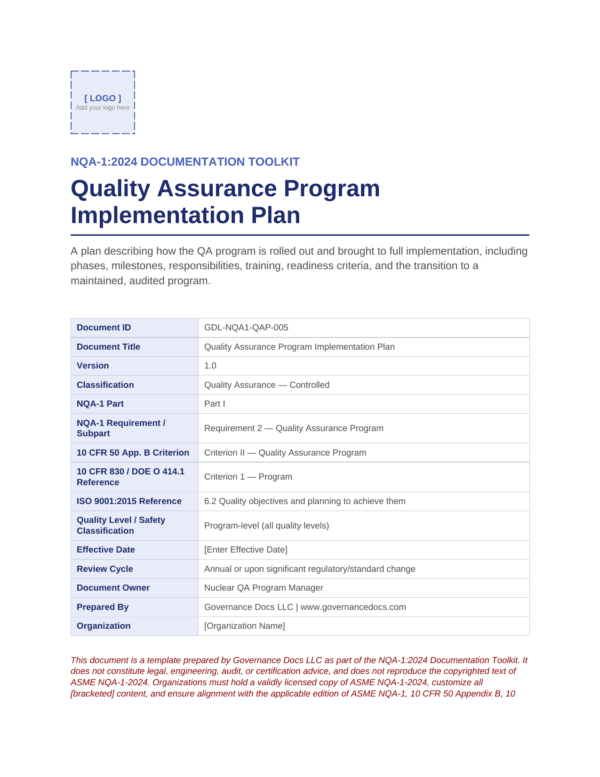 Governance Docs Quality Assurance Program Implementation Plan document image.