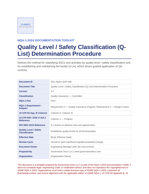 Sample page from Governance Docs' Quality Level Safety Classification Procedure.