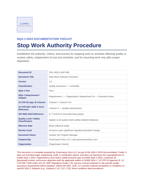 Nuclear Quality Assurance documentation template with procedures and standards.