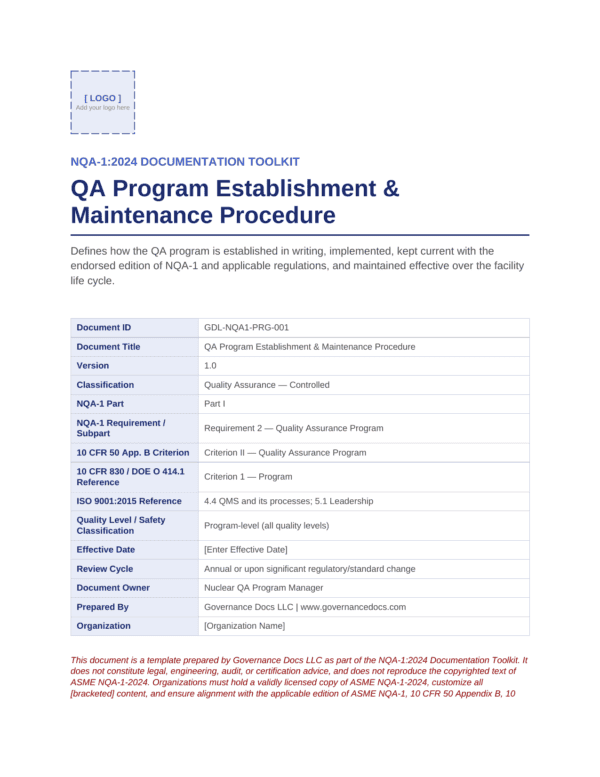Governance Docs QA Program Establishment & Maintenance Procedure document image.