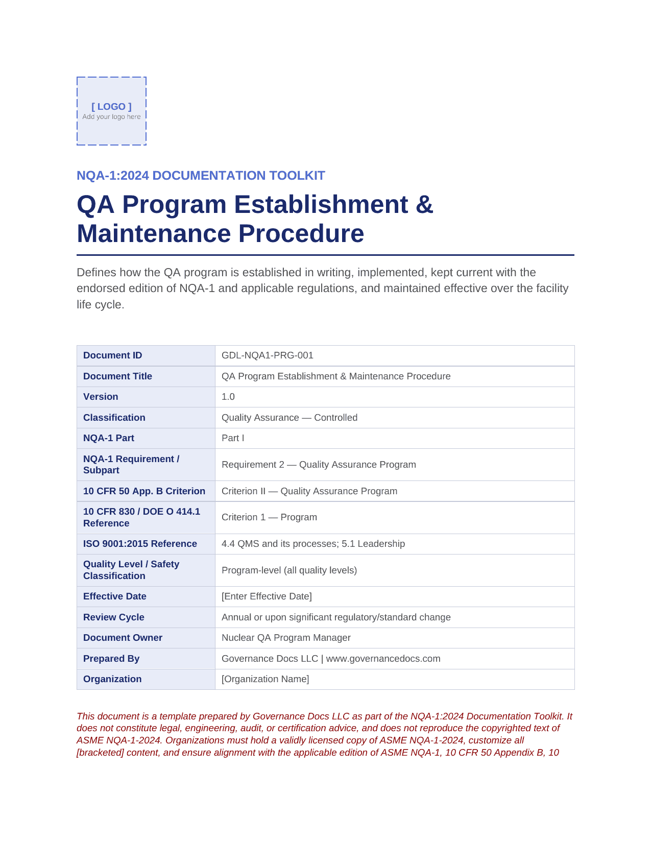 Governance Docs QA Program Establishment & Maintenance Procedure document image.