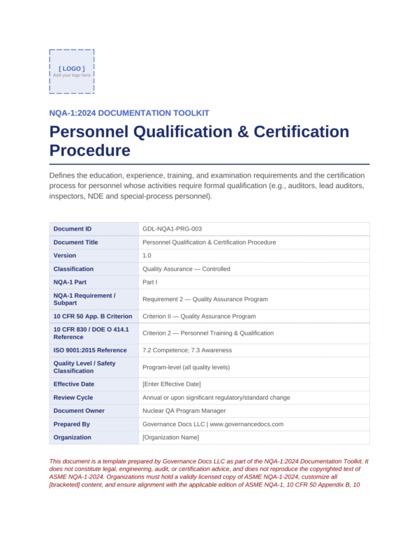 Personnel Qualification & Certification Procedure document for nuclear quality assurance.
