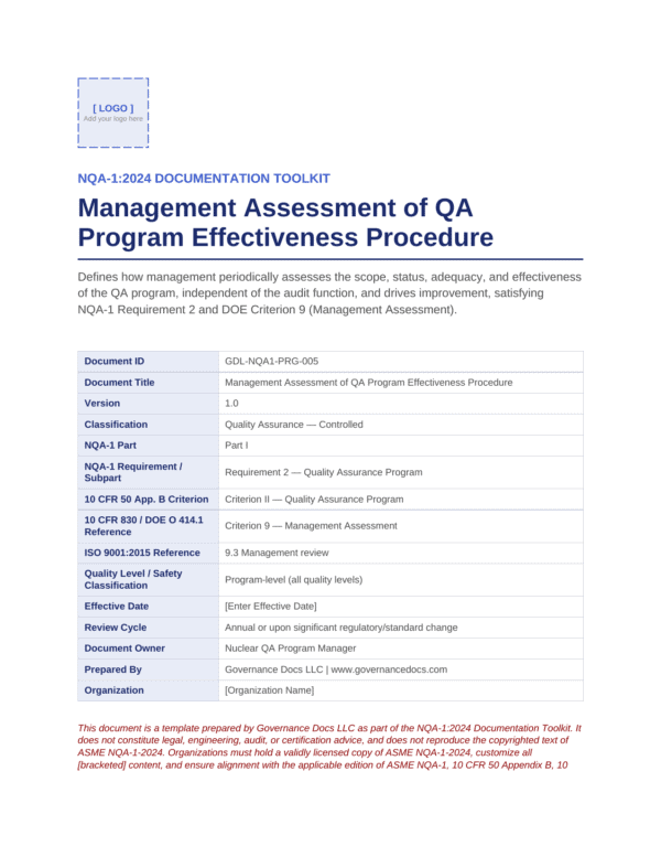 Management Assessment of QA Program Effectiveness Procedure document image.
