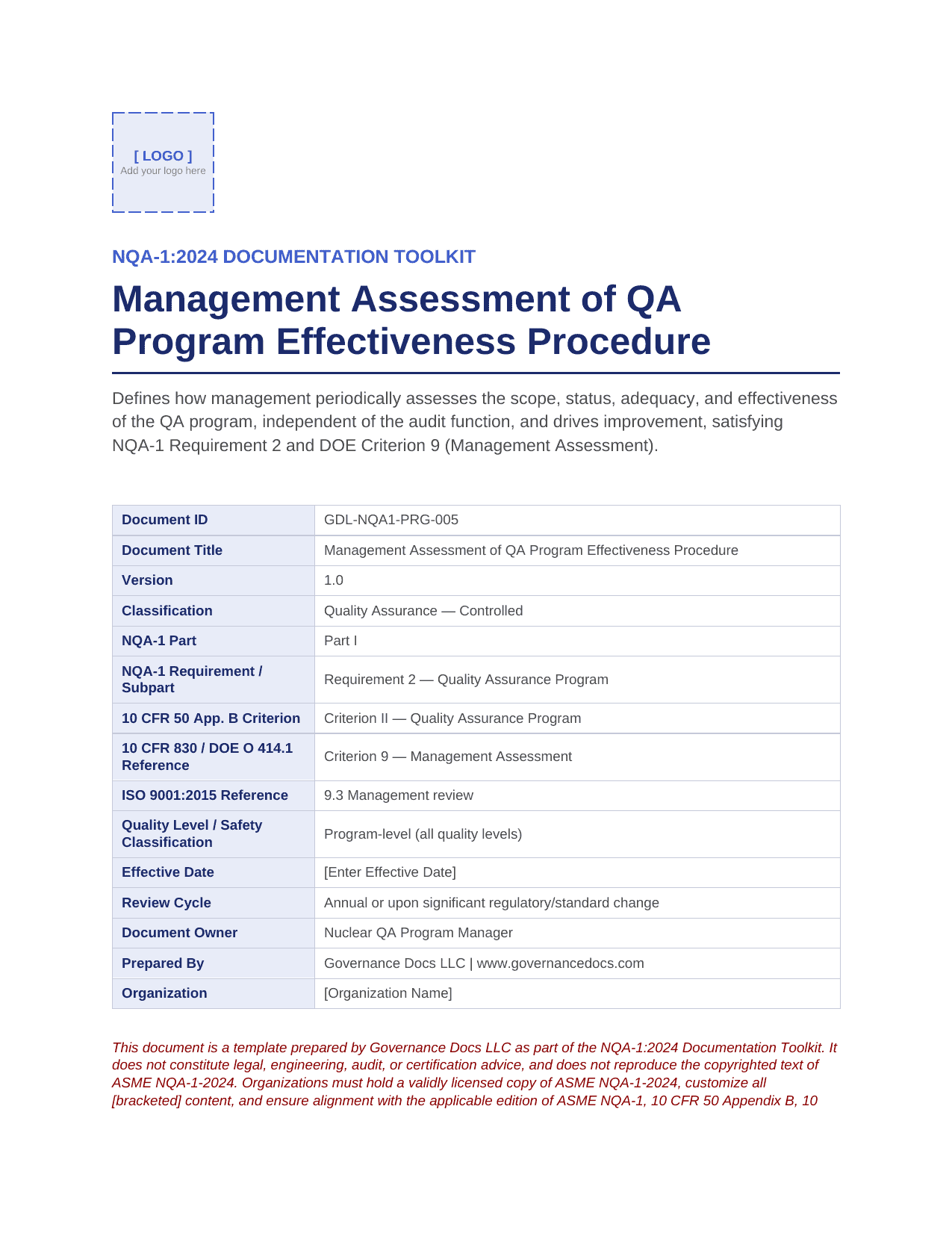 Management Assessment of QA Program Effectiveness Procedure document image.