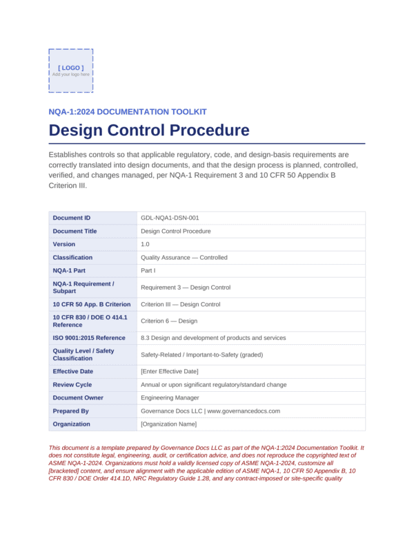 Design control procedure document for nuclear quality assurance toolkit.