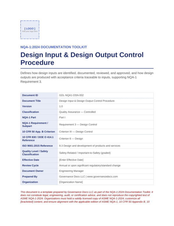 Design Input & Design Output Control Procedure for Nuclear Quality Assurance.