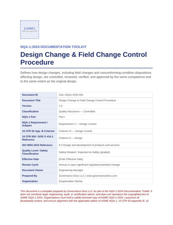 Design Change & Field Change Control Procedure document for nuclear quality assurance.