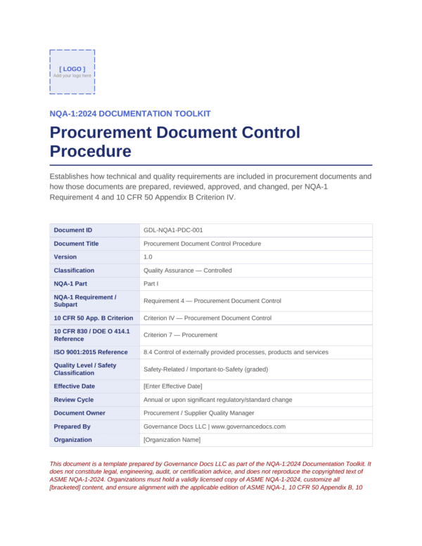 Procurement Document Control Procedure template for NQA-1 standards.
