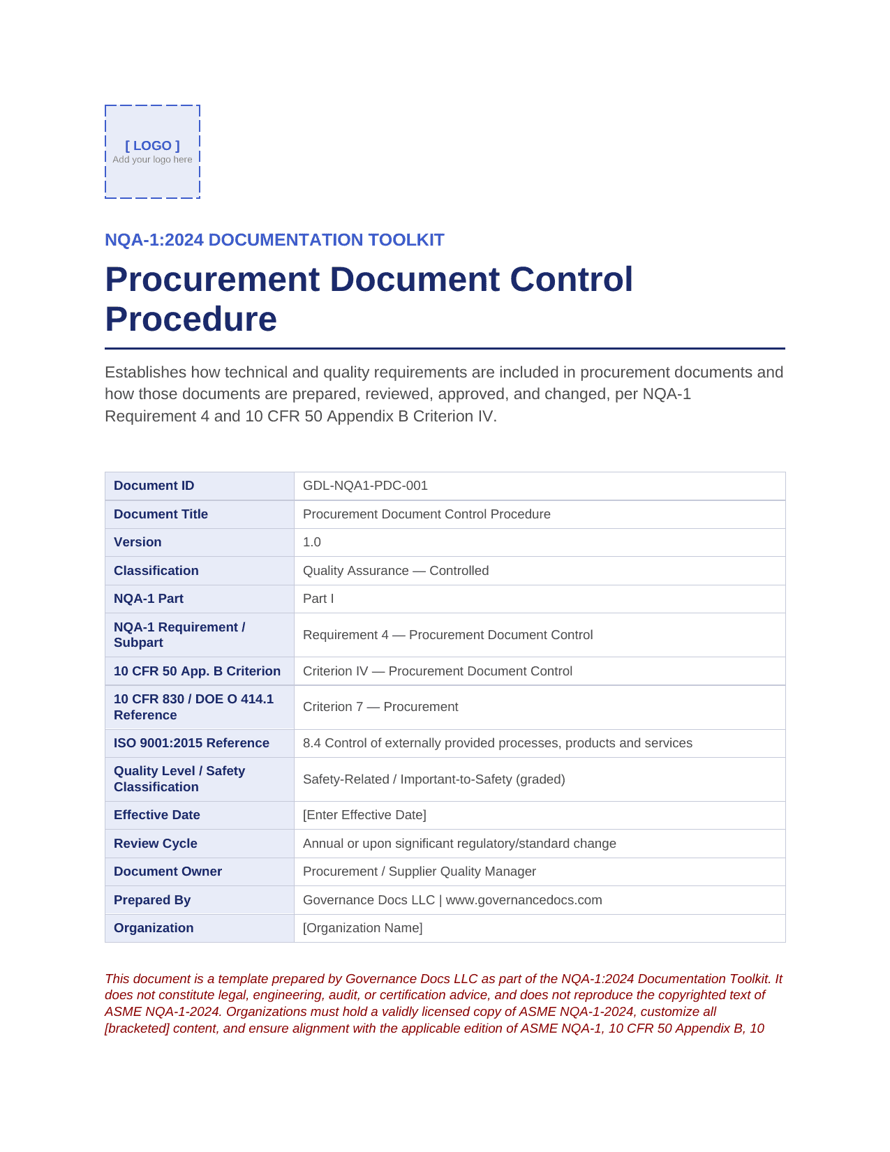 Procurement Document Control Procedure template for NQA-1 standards.