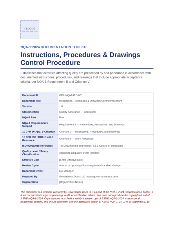 NQA-1:2024 Documentation Toolkit cover page with instructions and control procedures.