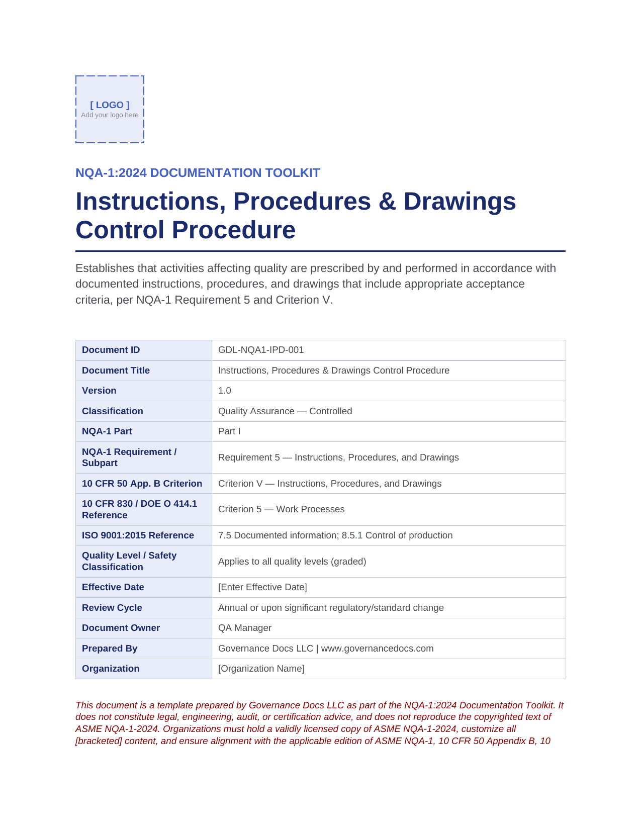 NQA-1:2024 Documentation Toolkit cover page with instructions and control procedures.