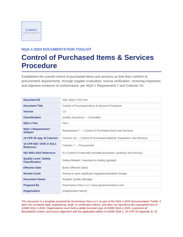 Control of Purchased Items & Services Procedure document image.