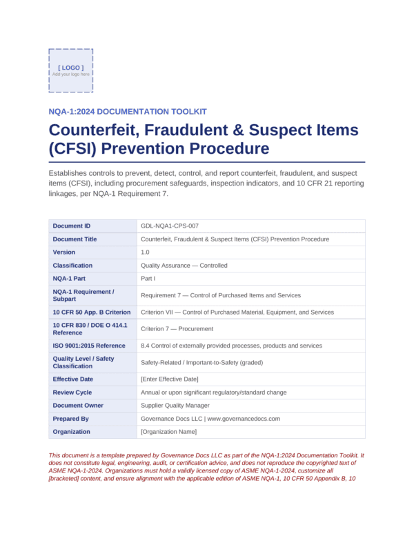 Counterfeit, Fraudulent & Suspect Items (CFSI) Prevention Procedure document image.